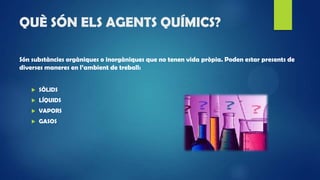 QUÈ SÓN ELS AGENTS QUÍMICS?
Són substàncies orgàniques o inorgàniques que no tenen vida pròpia. Poden estar presents de
diverses maneres en l’ambient de treball:
 SÒLIDS
 LÍQUIDS
 VAPORS
 GASOS
 