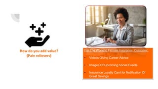 How do you add value?
(Pain relievers)
For The Working Female Insurance Customer:
• Videos Giving Career Advice
• Images Of Upcoming Social Events
• Insurance Loyalty Card for Notification Of
Great Savings
 
