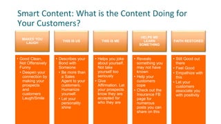 Smart Content: What is the Content Doing for
Your Customers?
MAKES YOU
LAUGH
• Good Clean,
Not Offensively
Funny
• Deepen your
connection by
making your
prospects
and
customers
Laugh/Smile
THIS IS US
• Describes your
Bond with
Someone
• Be more than
a Sales
Agent to your
customers.
Humanize
yourself.
• Let your
personality
shine
THIS IS ME
• Helps you joke
about yourself.
Not take
yourself too
seriously
• Give
Affirmation. Let
your prospects
know they are
accepted for
who they are
HELPS ME
LEARN
SOMETHING
• Reveals
something you
may not have
known
• Help your
customers
cope
• Check out the
Insurance FB
page for
numerous
posts you can
share on this
FAITH RESTORED
• Still Good out
there
• Feel Good
• Empathize with
this
• Let your
customers
associate you
with positivity
 