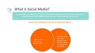 What is Social Media?
Social Media is collection of online channels and platforms dedicated to interaction,
content sharing and collaboration, among users sharing a connection
What is Social Media to You As an Insurance Agent?
A tool to expand
your reach,
generate more
leads and Build a
connection with
your clients.
A way to take
your winning
process online
 