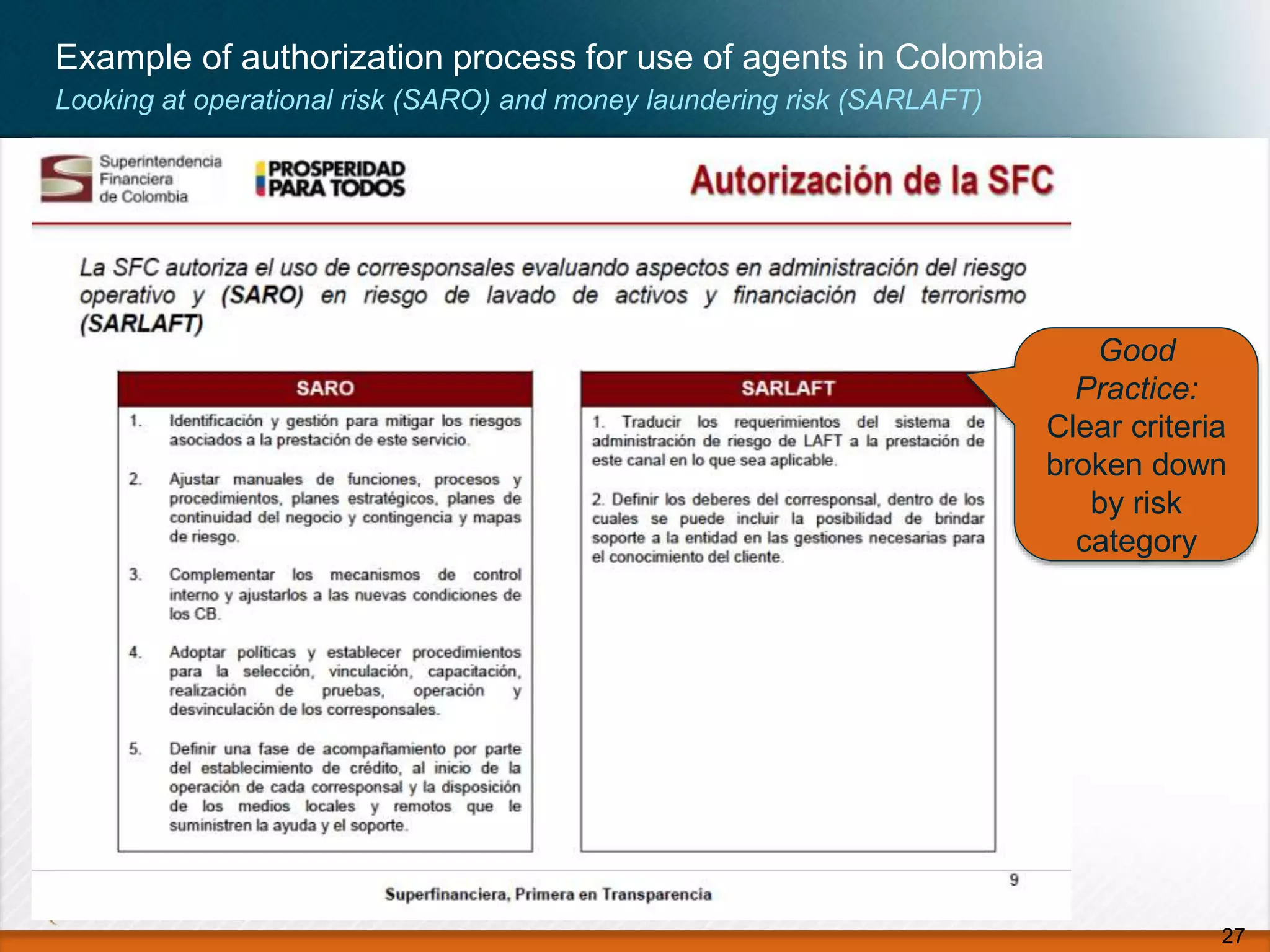 Example of authorization process for use of agents in Colombia
27
Looking at operational risk (SARO) and money laundering risk (SARLAFT)
Good
Practice:
Clear criteria
broken down
by risk
category
 