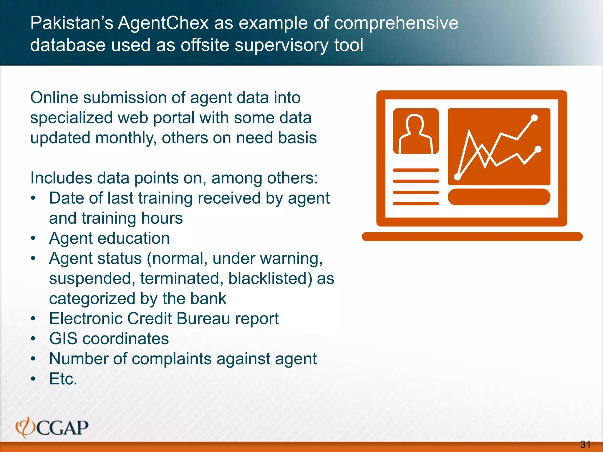 Pakistan’s AgentChex as example of comprehensive
database used as offsite supervisory tool
31
Online submission of agent data into
specialized web portal with some data
updated monthly, others on need basis
Includes data points on, among others:
• Date of last training received by agent
and training hours
• Agent education
• Agent status (normal, under warning,
suspended, terminated, blacklisted) as
categorized by the bank
• Electronic Credit Bureau report
• GIS coordinates
• Number of complaints against agent
• Etc.
 