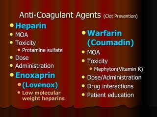 Anti-Coagulant Agents  (Clot Prevention) Heparin MOA Toxicity Protamine sulfate Dose Administration Enoxaprin (Lovenox) Low molecular weight heparins Warfarin (Coumadin) MOA Toxicity Mephyton(Vitamin K) Dose/Administration Drug interactions Patient education 