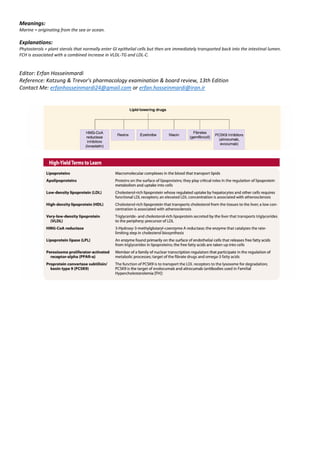 Meanings:
Marine = originating from the sea or ocean.
Explanations:
Phytosterols = plant sterols that normally enter GI epithelial cells but then are immediately transported back into the intestinal lumen.
FCH is associated with a combined increase in VLDL-TG and LDL-C.
Editor: Erfan Hosseinmardi
Reference: Katzung & Trevor's pharmacology examination & board review, 13th Edition
Contact Me: erfanhosseinmardi24@gmail.com or erfan.hosseinmardi@iran.ir
 