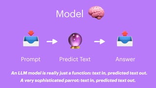 Prompt
📥 🔮 📤
🧠
Model
Predict Text Answer
An LLM model is really just a function: text in, predicted text out.
A very sophisticated parrot: text in, predicted text out.
 