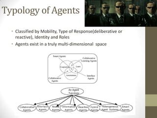 Typology of Agents
  • Classified by Mobility, Type of Response(deliberative or
    reactive), Identity and Roles
  • Agents exist in a truly multi-dimensional space
 