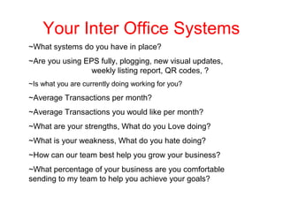 Your Inter Office Systems
~What systems do you have in place?
~Are you using EPS fully, plogging, new visual updates,
weekly listing report, QR codes, ?
~Is what you are currently doing working for you?

~Average Transactions per month?
~Average Transactions you would like per month?
~What are your strengths, What do you Love doing?
~What is your weakness, What do you hate doing?
~How can our team best help you grow your business?
~What percentage of your business are you comfortable
sending to my team to help you achieve your goals?

 