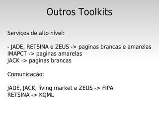 Outros Toolkits

Serviços de alto nível:

- JADE, RETSINA e ZEUS -> paginas brancas e amarelas
IMAPCT -> paginas amarelas
JACK -> paginas brancas

Comunicação:

JADE, JACK, living market e ZEUS -> FIPA
RETSINA -> KQML
 