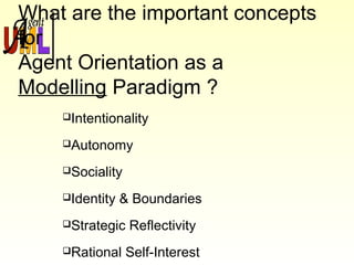 What are the important concepts
for
Agent Orientation as a
Modelling Paradigm ?
Intentionality
Autonomy
Sociality
Identity & Boundaries
Strategic Reflectivity
Rational Self-Interest
 