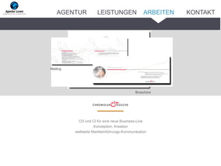 CD und CI für eine neue Business-Line
Konzeption, Kreation
weltweite Markteinführungs-Kommunikation
Broschüre
Mailing
ARBEITENAGENTUR LEISTUNGEN KONTAKT
 