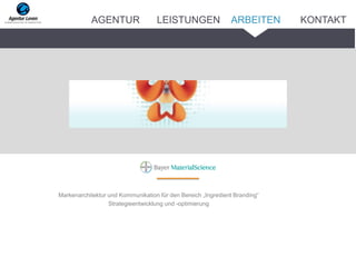 Markenarchitektur und Kommunikation für den Bereich „Ingredient Branding“
Strategieentwicklung und -optimierung
ARBEITENAGENTUR LEISTUNGEN KONTAKT
 