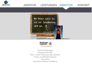 Testimonial-Kampagne
Zielgruppen B2C/B2B:
Eltern / Kinder, Erwachsene allg., Apotheker
Presse- und Öffentlichkeitsarbeit
Sponsoring
Broschüren, Grafiken, Info-Material
Spezialthema: Jodversorgung von SchwangerenTestimonial-Kampagne: Claudia Scarpatetti
Fotostrecke + Grafiken zum Thema
Jodversorgung bei Kindern
ARBEITENAGENTUR LEISTUNGEN KONTAKT
 