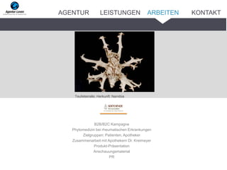 B2B/B2C Kampagne
Phytomedizin bei rheumatischen Erkrankungen
Zielgruppen: Patienten, Apotheker
Zusammenarbeit mit Apothekern Dr. Kreimeyer
Produkt-Präsentation
Anschauungsmaterial
PR
Teufelskralle; Herkunft: Namibia
ARBEITENAGENTUR LEISTUNGEN KONTAKT
 