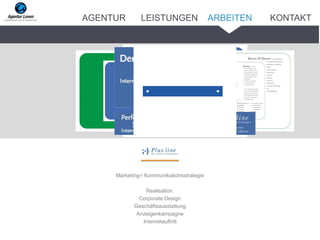 Marketing-/ Kommunikationsstrategie
Realisation:
Corporate Design
Geschäftsausstattung
Anzeigenkampagne
Internetauftritt
ARBEITENAGENTUR LEISTUNGEN KONTAKT
 