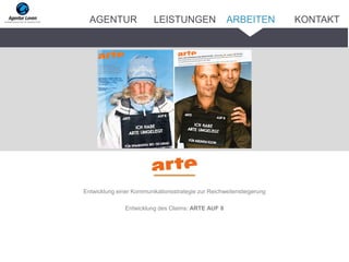 Entwicklung einer Kommunikationsstrategie zur Reichweitensteigerung
Entwicklung des Claims: ARTE AUF 8
ARBEITENAGENTUR LEISTUNGEN KONTAKT
 
