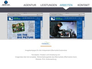 Imagekampagne für den Independent Aftermarket Automotive
Konzeption, Kreation und Umsetzung von:
Imagevideo über die komplette Wertschöpfungskette des Aftermarkets (Aftermarket chain)
Website, Print, Außenwerbung
ARBEITENAGENTUR LEISTUNGEN KONTAKT
 