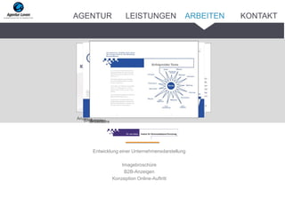 Entwicklung einer Unternehmensdarstellung
Imagebroschüre
B2B-Anzeigen
Konzeption Online-Auftritt
AnzeigeAnzeigeBroschüreBroschüre
ARBEITENAGENTUR LEISTUNGEN KONTAKT
 