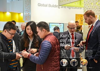 Seite 19
SIMONAAG–›K‹Düsseldorf
Das wichtigste Ziel der SIMONA AG war es, sich als weltweit tätiger
Partner der Industrie zu positionieren und insbesondere Neukunden-
kontakte aus Märkten wie China und den USA zu generieren. Dabei
unterstützten wir sehr erfolgreich, durch unser zweistufiges Perso-
nalkonzept, eine klare Rollendefinition und das maßgeschneiderte
Trainingskonzept der internationalen Standbesatzung.
Kurs
auf neue
Märkte
 