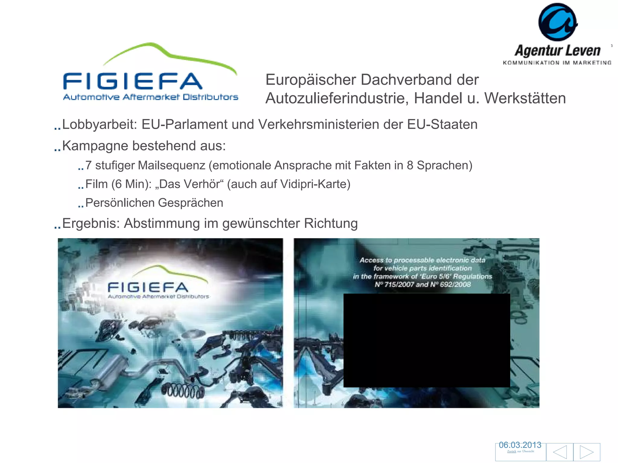 Europäischer Dachverband der
Figiefa                              Autozulieferindustrie, Handel u. Werkstätten
Lobbyarbeit: EU-Parlament und Verkehrsministerien der EU-Staaten
Kampagne bestehend aus:
   7 stufiger Mailsequenz (emotionale Ansprache mit Fakten in 8 Sprachen)
   Film (6 Min): „Das Verhör“ (auch auf Vidipri-Karte)
   Persönlichen Gesprächen
Ergebnis: Abstimmung im gewünschter Richtung




                                                                            06.03.2013              31
                                                                             Zurück zur Übersicht
 