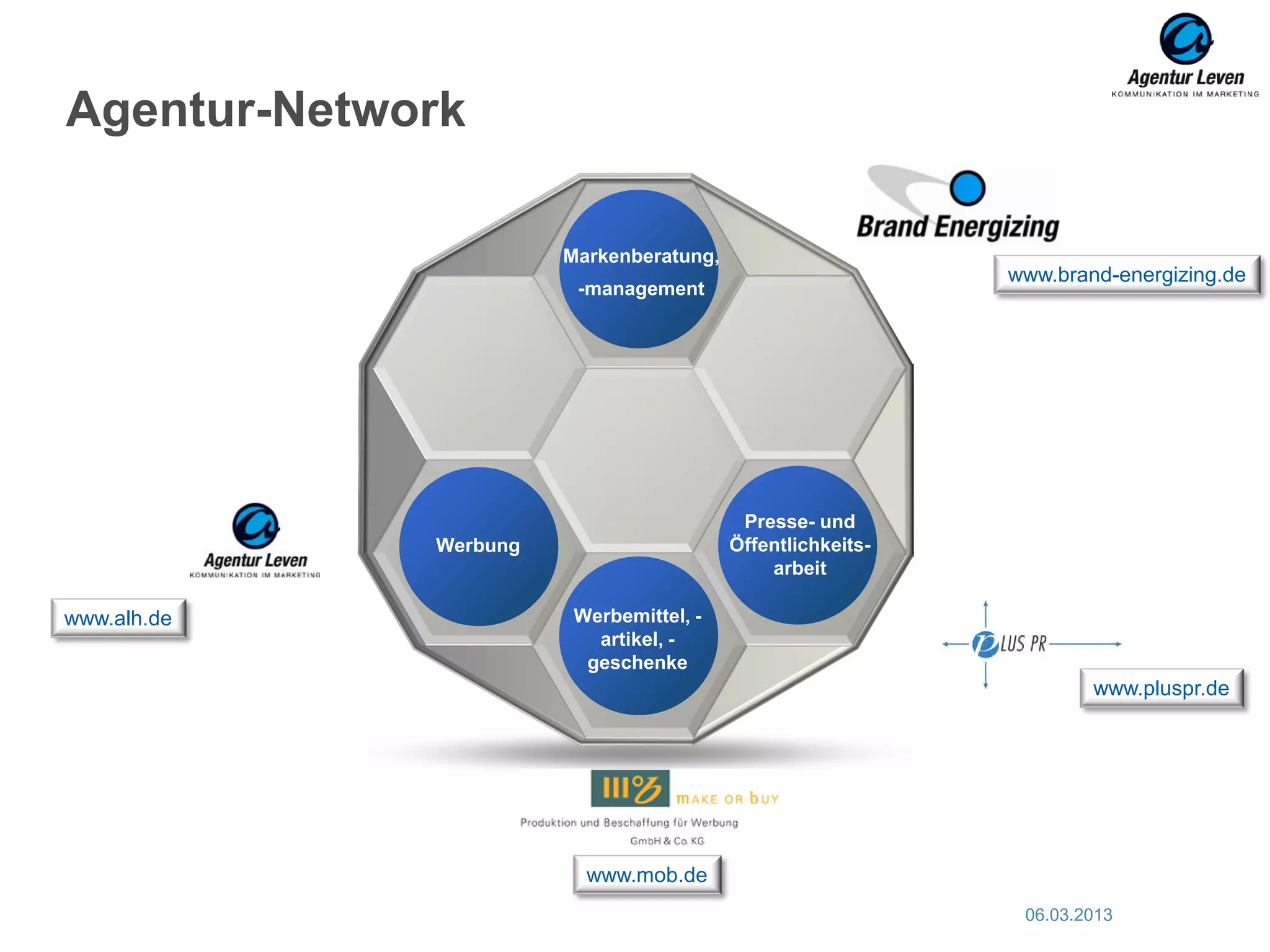 Agentur-Network

                       Markenberatung,
                                                            www.brand-energizing.de
                        -management




                                          Presse- und
             Werbung                     Öffentlichkeits-
                                             arbeit

www.alh.de              Werbemittel, -
                          artikel, -
                         geschenke
                                                                    www.pluspr.de




                         www.mob.de
                                                             06.03.2013               4
 
