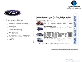 Ford

Diverse Autohäuser
   Händler-Kommunikation
   Anzeigen
   Direkt-Marketing
   Werbemittel
   Kundenbindungs-Aktionen
   Events




                             Lokale / regionale Direkt-Marketing-Kampagne / Verkaufsförderung




                                                                 06.03.2013
                                                                  ZurückFolie 14 zur Übersicht
                                                                                                 28
 