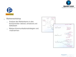 PAIDI

Markenworkshop
  Analyse des Markenkerns in den
  Komponenten rational, emotional und
  Selbstwert
  Marken-Kommunikationsstrategien und
  -maßnahmen




                                        06.03.2013              38
                                         Zurück zur Übersicht
 