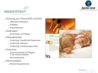 Medicotest
Schulung zum Thema EKG und EEG
   Alternative Methoden
   Artefakte
   Interpretationen
Zielgruppen
   Schwestern und Pfleger
Klebeelektroden
   Vorteil bzgl. Qualität der Ergebnisse
   Vorteil bzgl. Allergien
   Vorteil bzgl. Anwendungskomfort
Know-how:
   Zusammenarbeit mit Pflegern
   in der Intensiv-Medizin
   Seminarbesuche
Kommunikation:
   Medien-Kooperationen


                                           06.03.2013               81
                                             Zurück zur Übersicht
 