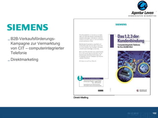 Siemens

B2B-Verkaufsförderungs-
Kampagne zur Vermarktung
von CIT – computerintegrierter
Telefonie
Direktmarketing




                                 Direkt-Mailing




                                                  10.12.2012               102
                                                    Zurück zur Übersicht
 