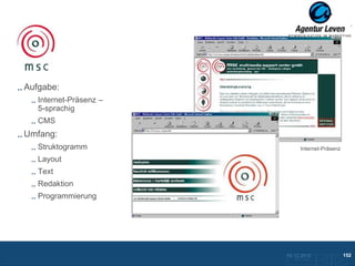 MSC

Aufgabe:
   Internet-Präsenz –
   5-sprachig
   CMS
Umfang:
   Struktogramm                   Internet-Präsenz

   Layout
   Text
   Redaktion
   Programmierung




                        10.12.2012                   152
                          Zurück zur Übersicht
 