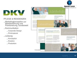 DKV

PFLEGE & RESIDENZEN
 Marketingkonzeption zur
 Markteinführung und
 Positionierung, bundesweit
 Kommunikation
     Corporate Design
     Printmaterial
 Leistung:
     Konzeption
     Kreation
     Produktion


                              Innenseiten
                                        Broschürentitel




                                                          10.12.2012
                                                           Zurück zur Übersicht
                                                                                  157
 