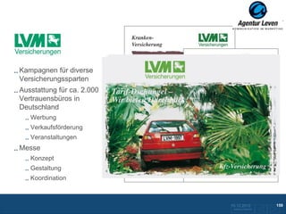 LVM

Kampagnen für diverse
Versicherungssparten
Ausstattung für ca. 2.000
Vertrauensbüros in
Deutschland
   Werbung
   Verkaufsförderung
   Veranstaltungen
Messe
   Konzept
   Gestaltung
   Koordination



                            10.12.2012              159
                             Zurück zur Übersicht
 