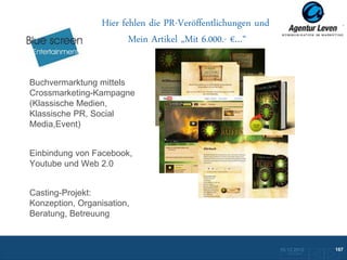 Hier fehlen die PR-Veröffentlichungen und
                         Mein Artikel „Mit 6.000.- €…“


Buchvermarktung mittels
Crossmarketing-Kampagne
(Klassische Medien,
Klassische PR, Social
Media,Event)


Einbindung von Facebook,
Youtube und Web 2.0


Casting-Projekt:
Konzeption, Organisation,
Beratung, Betreuung



                                                              10.12.2012               167
                                                                Zurück zur Übersicht
 