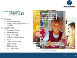 DREWAG

Aufgabe:
   Neupositionierung
   Aufbau Markenbekanntheit in
   Dresden
Gesamtetat:
   Corporate Design
   Außenwerbung
   Print / Anzeigen
   Verkehrsmittelwerbung
   Media
   CRM: Kundenkarte
                                 City-Light-Poster und Coupon-Anzeige
                                   City-Lights, Anzeigenund Anzeigen
                                       City-Light-Poster
   B2B-Strategie
   B2B-Mailings
   Marktforschung                       Großflächen, Citylights, Anzeigen
                                                  Großflächen, Citylights, Anzeigen




                                                                                      10.12.2012               26
                                                                                        Zurück zur Übersicht
 