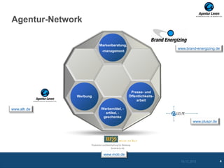 Agentur-Network

                       Markenberatung,
                                                            www.brand-energizing.de
                        -management




                                          Presse- und
             Werbung                     Öffentlichkeits-
                                             arbeit

www.alh.de              Werbemittel, -
                          artikel, -
                         geschenke
                                                                    www.pluspr.de




                         www.mob.de
                                                             10.12.2012               4
 