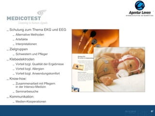 Medicotest
Schulung zum Thema EKG und EEG
   Alternative Methoden
   Artefakte
   Interpretationen
Zielgruppen
   Schwestern und Pfleger
Klebeelektroden
   Vorteil bzgl. Qualität der Ergebnisse
   Vorteil bzgl. Allergien
   Vorteil bzgl. Anwendungskomfort
Know-how:
   Zusammenarbeit mit Pflegern
   in der Intensiv-Medizin
   Seminarbesuche
Kommunikation:
   Medien-Kooperationen


                                           10.12.2012               87
                                             Zurück zur Übersicht
 