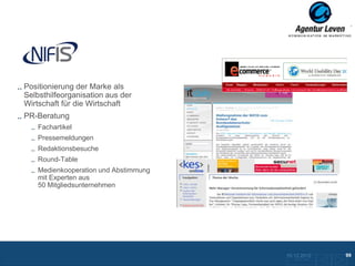 Nifis

Positionierung der Marke als
Selbsthilfeorganisation aus der
Wirtschaft für die Wirtschaft
PR-Beratung
    Fachartikel
    Pressemeldungen
    Redaktionsbesuche
    Round-Table
    Medienkooperation und Abstimmung
    mit Experten aus
    50 Mitgliedsunternehmen




                                       10.12.2012               99
                                         Zurück zur Übersicht
 