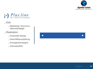Plus.line

Etat:
   Marketing-/ Kommuni-
   kationsstrategie
Realisation:
   Corporate Design
   Geschäftsausstattung
   Anzeigenkampagne
   Internetauftritt                                              Broschüre – Innenseiten
                                                                  Broschüre – Innenseiten
                                                                 VKF - Anzeigen
                                                           Broschüre – Titel
                          Followpage – englische Version
                          Homepage – deutsche Version




                                                                  10.12.2012                      100
                                                                   ZurückFolie 14 zur Übersicht
 