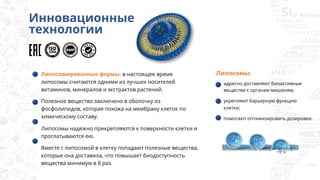 Липосомированные формы: в настоящее время
липосомы считаются одними из лучших носителей
витаминов, минералов и экстрактов растений.
Полезное вещество заключено в оболочку из
фосфолипидов, которая похожа на мембрану клеток по
химическому составу.
Липосомы надежно прикрепляются к поверхности клетки и
проглатываются ею.
Вместе с липосомой в клетку попадают полезные вещества,
которые она доставила, что повышает биодоступность
вещества минимум в 8 раз.
адресно доставляют биоактивные
вещества к органам-мишеням;
укрепляют барьерную функцию
клетки;
помогают оптимизировать дозировки.
Инновационные
технологии
Липосомы:
 