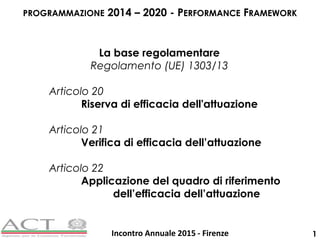 Incontro Annuale 2015 - Firenze 1
La base regolamentare
Regolamento (UE) 1303/13
Articolo 20
Riserva di efficacia dell'attuazione
Articolo 21
Verifica di efficacia dell’attuazione
Articolo 22
Applicazione del quadro di riferimento
dell’efficacia dell’attuazione
PROGRAMMAZIONE 2014 – 2020 - PERFORMANCE FRAMEWORK
 