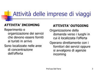 Attività delle imprese di viaggi ATTIVITA’ INCOMING Reperimento e organizzazione dei servizi che devono essere forniti ai turisti in arrivo Sono localizzate nelle aree di concentrazione dell’offerta ATTIVITA’ OUTGOING Organizzazione della domanda verso i luoghi in cui è localizzata l’offerta Operano direttamente con i fornitori dei servizi oppure si avvalgono di agenzie incoming 