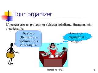 Tour organizer L’agenzia crea un prodotto su richiesta del cliente. Ha autonomia organizzativa Desidero effettuare una vacanza. Cosa mi consiglia? Come gli organizzo il viaggio? 