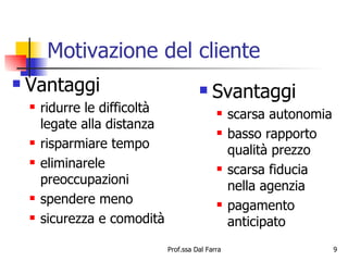 Motivazione del cliente Vantaggi ridurre le difficoltà legate alla distanza risparmiare tempo eliminarele preoccupazioni spendere meno sicurezza e comodità Svantaggi scarsa autonomia basso rapporto qualità prezzo scarsa fiducia nella agenzia pagamento anticipato 