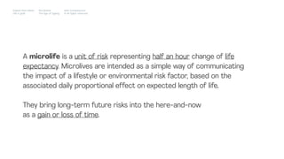 A microlife is a unit of risk representing half an hour change of life
expectancy. Microlives are intended as a simple way of communicating
the impact of a lifestyle or environmental risk factor, based on the
associated daily proportional effect on expected length of life.  
They bring long-term future risks into the here-and-now
as a gain or loss of time.
Impact Hub Lisbon
Old is gold
Rui Quinta
The age of ageing
with-company.com
® all rights reserved
 