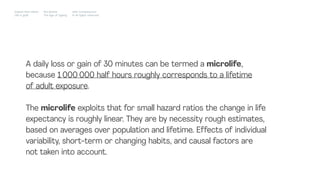 A daily loss or gain of 30 minutes can be termed a microlife,
because 1 000 000 half hours roughly corresponds to a lifetime
of adult exposure.
The microlife exploits that for small hazard ratios the change in life
expectancy is roughly linear. They are by necessity rough estimates,
based on averages over population and lifetime. Effects of individual
variability, short-term or changing habits, and causal factors are
not taken into account.
Impact Hub Lisbon
Old is gold
Rui Quinta
The age of ageing
with-company.com
® all rights reserved
 