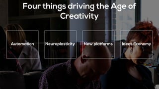 Four things driving the Age of
Creativity
Automation Neuroplasticity New platforms Ideas Economy
 