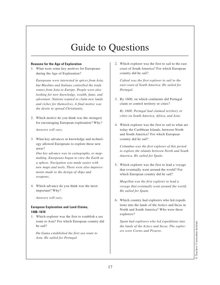 ageof exploration age of exploration explorers chart answers