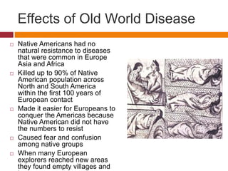 Effects of Old World Disease 
 Native Americans had no 
natural resistance to diseases 
that were common in Europe 
Asia and Africa 
 Killed up to 90% of Native 
American population across 
North and South America 
within the first 100 years of 
European contact 
 Made it easier for Europeans to 
conquer the Americas because 
Native American did not have 
the numbers to resist 
 Caused fear and confusion 
among native groups 
 When many European 
explorers reached new areas 
they found empty villages and 
towns 
 