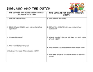 England and the Dutch
   The Voyage of John Cabot (1497)                        The voyage of Henry Hudson
          (Giovanni caboto)                                         (1609)

1. What does the MAP show?                             1. What does the MAP show?




2. GOALS: Why did ENGLISH rulers and merchants fund    2. GOALS: Why did DUTCH rulers and merchants fund
   exploration?                                           exploration?




3. Who was John Cabot?                                 3. Why did HUDSON’S ship, the Half Moon, turn south instead
                                                          of north in 1609?



4. What was CABOT searching for?
                                                       4. What ended HUDSON’s exploration of the Hudson River?

5. What were the results of his exploration in 1497?

                                                       5. What areas did the DUTCH claim as a result of HUDSON’s
                                                          voyage?
 