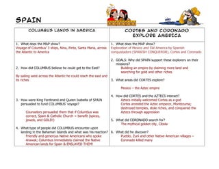 SPAIN
        Columbus Lands in America                                          CORTES AND CORONADO
                                                                             EXPLORE AMERICA

1. What does the MAP show?                                        1. What does the MAP show?
Voyage of Columbus’ 3 ships, Nina, Pinta, Santa Maria, across     Exploration of Mexico and SW America by Spanish
the Atlantic to America                                           conquistadors (SPANISH CONQUEROR), Cortes and Coronado

                                                                  2. GOALS: Why did SPAIN support these explorers on their
                                                                     missions?
2. How did COLUMBUS believe he could get to the East?                   Building an empire by claiming more land and
                                                                        searching for gold and other riches
By sailing west across the Atlantic he could reach the east and
its riches                                                        3. What areas did CORTES explore?

                                                                        Mexico – the Aztec empire

                                                                  4. How did CORTES and the AZTECS interact?
3. How were King Ferdinand and Queen Isabella of SPAIN                 Aztecs initially welcomed Cortes as a god
   persuaded to fund COLUMBUS’ voyage?                                 Cortes arrested the Aztec emperor, Montezuma;
                                                                       destroyed temples, stole riches, and conquered the
      Counselors persuaded them that if Columbus was                   Aztecs through aggression
      correct, Spain & Catholic Church = benefit (spices,
      jewels, and GOLD!)                                          5. What did CORONADO search for?
                                                                       The mythical golden city, Cibola
4. What type of people did COLUMBUS encounter upon
   landing in the Bahaman Islands and what was his reaction? 6. What did he discover?
      Friendly and generous Native Americans who spoke            Pueblo, Zuni and other Native American villages –
      Arawak; Columbus immediately claimed the Native             Coronado killed many
      American lands for Spain & ENSLAVED THEM!
 