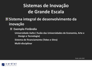 Sistemas de Inovação
            de Grande Escala
Sistema integral de desenvolvimento da
inovação
  Exemplo Finlândia
   Universidade Aalto ( fusão das Universidades de Economia, Arte e
       Design e Tecnologia)
   Sistema de financiamento (Tekes e Sitra)
   Multi-disciplinar




                                                          Fonte: John KAO
 